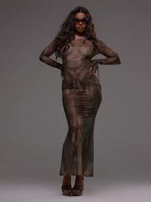 MUSERA Printed Mesh Fitted Flare Sleeve Detail Maxi Dress Sexy Boho Ibiza Festival Holiday Summer Vacation Cute Elegant ,Fall, Winter - Coffee Brown - View 5