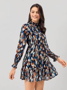 Miaspire Allover Print Flounce Sleeve Ruffle Hem Pleated Collar Shirred Dress - Blue - View 3