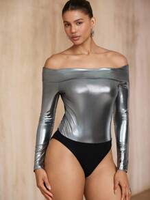 SHEIN Unity 女士派对夜出闪亮银色 Y2K 风格露肩长袖紧身衣，时尚优雅性感造型，秋冬外出装 - 銀色 - 查看 6