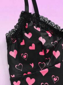 少女心形印花蕾丝边吊带背心