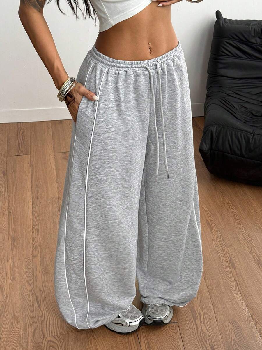 Coolane Women's Fall/Winter Minimalist Basic Daily Wear Streetwear Casual Sportswear French Grey Baggy Low Rise Wide Leg Sweatpants - Grey - View 1