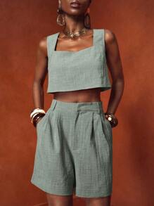 Zivah 2025春夏新款度假休闲优雅母亲节婚礼季音乐节派对夜店无袖方领上衣与纹理纯色短裤两件套-棕色 - 綠色 - 查看 3