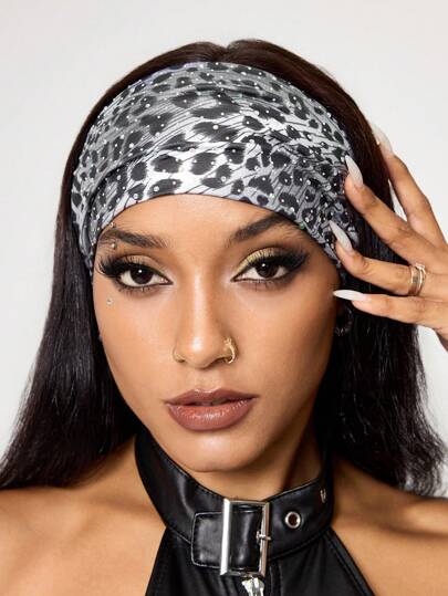 Grunge Punk 1 pieza Diadema ancha con doble láser, efecto holográfico y cristales brillantes de estilo de moda, Diadema elástica con estampado de leopardo de estilo Gyaru, accesorio diario