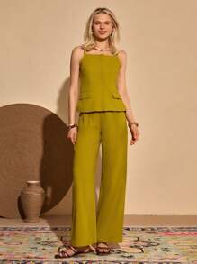Bóhologie Damen Trägertop und Hose Set aus einfarbigem Material, legeres Zweiteiler-Outfit - Olivgrün - Übersicht 1