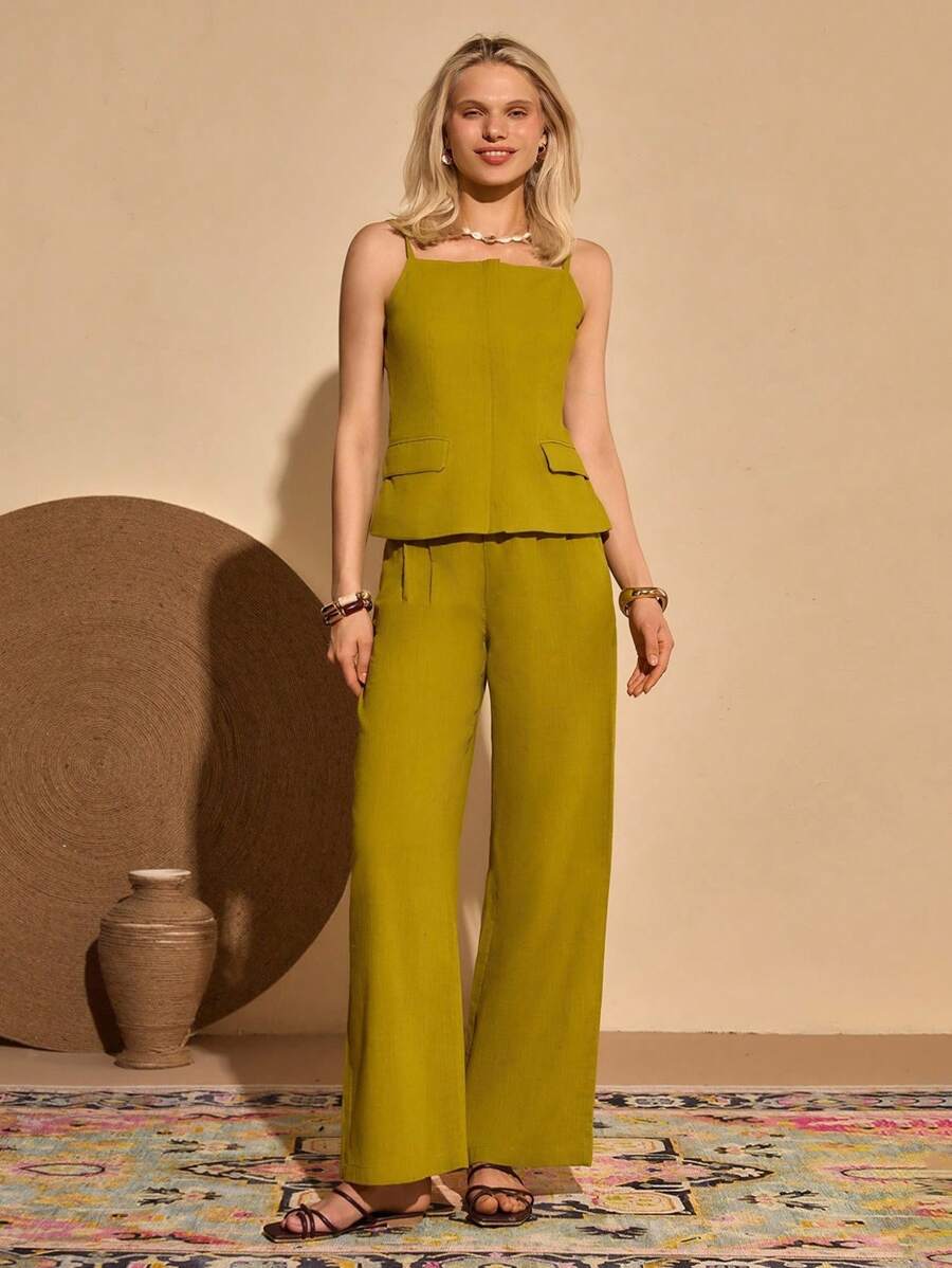 Bóhologie Damen Trägertop und Hose Set aus einfarbigem Material, legeres Zweiteiler-Outfit - Olivgrün - Übersicht 1