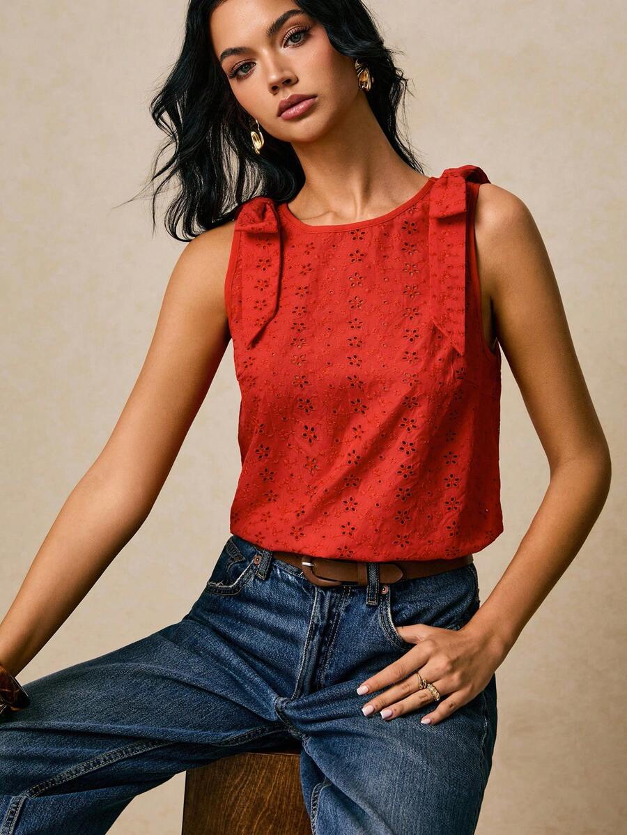 Poéselle 女式休闲无袖上衣，肩部有刺绣和结饰 - 紅色 - 查看 1