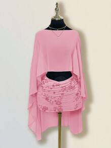 Sweetina Women's Sequin Embroidery Overlap Ruched Bodycon Skirt Pink Skirt - Pink - View 3