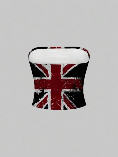Grunge Punk Sexy Punk Union Jack Black And Red Contrast Bandeau Top For Women Suitable For Going Out