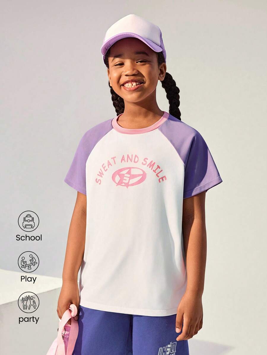 JNSQ Rückkehr zur Schule Outdoor Lässig Sport Kurzarm T-Shirt, Kinder Rundhals Patchwork Kontrast Farbe Lustige Buchstaben Grafik Muster Outdoor Lässig Sport Tee - Verschiedenfarbig - Übersicht 1
