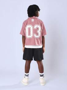 SUMWON Conjunto de camisa xadrez xadrez e short casual de verão, duas peças, com efeito de tinta spray, top estampado com números, calça estilo cargo, moda urbana - Multicolorido - Ver 2