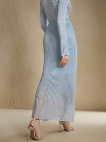 Anewsta 优雅天蓝色水钻装饰修身女士针织裙，秋冬 - 藍色 - 查看 7