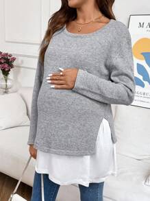 SHEIN 孕妇宽松落肩长袖休闲毛衣 - 2 合 1