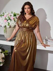 Modelyn Women Plus Size Elegant Knitted Glossy Fabric Waist Cinched Long Dress - Gold - View 6