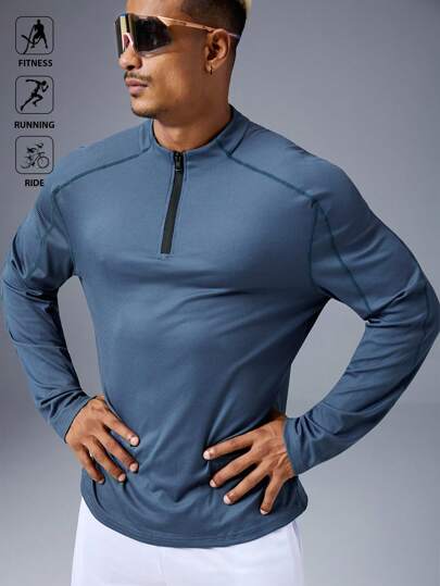 Manfinity Sport Polished Męska sportowa koszulka z krótkim zamkiem błyskawicznym i rękawami typu raglan, odpowiednia do ćwiczeń, biegania i jazdy na rowerze, dopasowana, jesienna, z okrągłym dekoltem