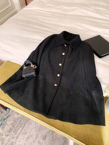 DAZY 女士加大码加厚羊毛披肩外套，复古优雅高端秋冬斗篷夹克 - 黑色 - 查看 10