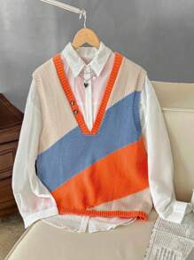 Franclia Damen Große Größen französischer Stil V-Ausschnitt Kontrast Farbe asymmetrische luftige, modische, vielseitige Pendler Strickweste, Frühling und Herbst