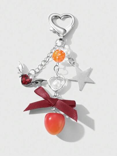 Kawaii 1pc Fashionable, Elegant, And Personalized Silver Chain Star Wings, Crystal Heart, Faux Pearl, Bow, Cherry DIY Keychain, Bag Charm, Suitable For Women, Great Gift For Holidays