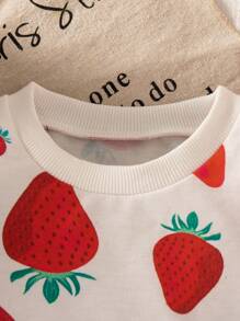 SHEIN 2 件套女婴春秋新款罗纹领草莓印花运动衫和修身打底裤，简约可爱运动休闲装