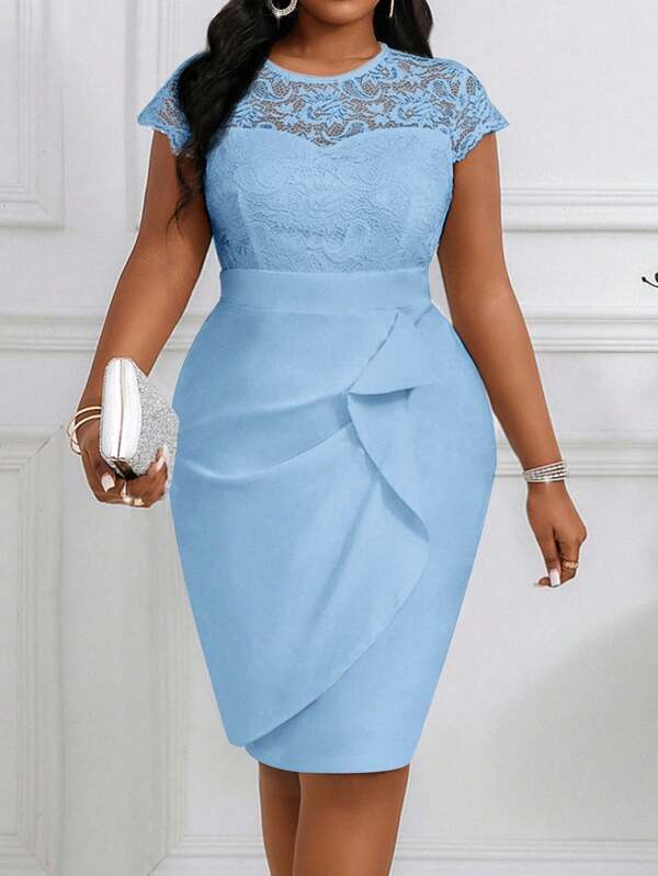SHEIN Lady 2025 New Spring And Summer Autumn And Winter Casual Elegant Wedding Blue Knitted Lace Round Neck Pencil Flounce Midi Short Sleeve Plus Size Dresses Homecoming Dresses Concert Women Outfit Fall Wedding Guest Dress Women Costumes Formal Gown Airport Women Outfits Business Wedding Guest Dress Women Back To School Fall Women Clothes Teacher Outfits For Women Business Casual Woman Office Outfits For Light Blue Lace Dress Summer Elegant Dress Blue Wedding Guest Dress Blue Dress