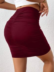 SHEIN Unity Chân váy ngắn ôm sát eo cao xếp ly màu trơn dành cho nữ, màu đỏ tía. - Màu Đỏ Sâu - Xem 3