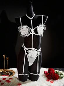 SpicyHot Pure Temptation Alluring Set - Includes Water-Soluble Mesh Floral Bustier Top, Thong, Waist Belt, And 2 Leg Garters, Sexy 5-Piece Lingerie Set For Women