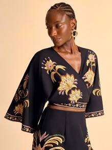 CAJUNI Damen Retro Blumen Muster V-Ausschnitt Crop Bluse für Urlaub - Boho Damen Bekleidung / Westliche Kleidung für Frauen / Grafik / Lässig Frau - Basic / Ausgeh Tops Frauen / Herbst Damen Kleidung - Verschiedenfarbig - Übersicht 5