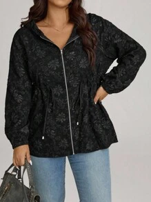 Comfylo Plus Size Front Zip Up Long Sleeve Hooded Jacquard Windbreaker Coat, Casual Daily Wear Winter Fall Autumn