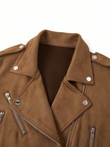 Ellevyn Women Fashion Lapel Collar Zipper Suede Fleece Short Jacket, Autumn Fall Women Clothes  Jacket - Khaki - View 3