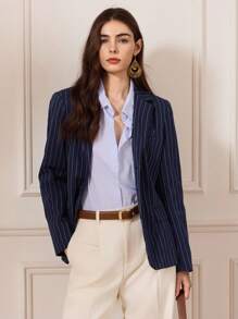 Briarwyn Áo khoác Blazer nữ tay dài thanh lịch in họa tiết sọc cài nút phía trước, mùa thu cho nữ, mùa đông cho nữ, phong cách cổ điển, trở lại trường, giáo viên cho nữ, áo khoác mùa đông - Màu xanh hải quân - Xem 1