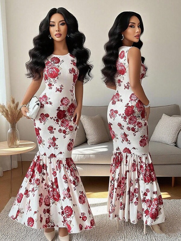Rafferiza Elegant & Fashionable Floral Print Sleeveless Slim Fit Party Dress For Young Women, Spring/Summer