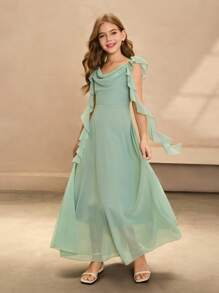 优雅花童裙，薄荷绿雪纺无袖细肩带领口长裙，时尚大摆公主裙，适合婚礼和正式场合