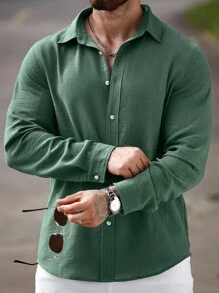 Manfinity CasualCool Men's Solid Color Plain Casual Linen Long Sleeve Collar Shirt, For Going Out, For Fall - Green - View 4