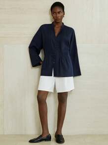 Aveloria Modichic Chic Long Sleeve Shirt With Drawstring Decor At Front & Cuffs Fall Cloth For Women - Navy Blue - View 6