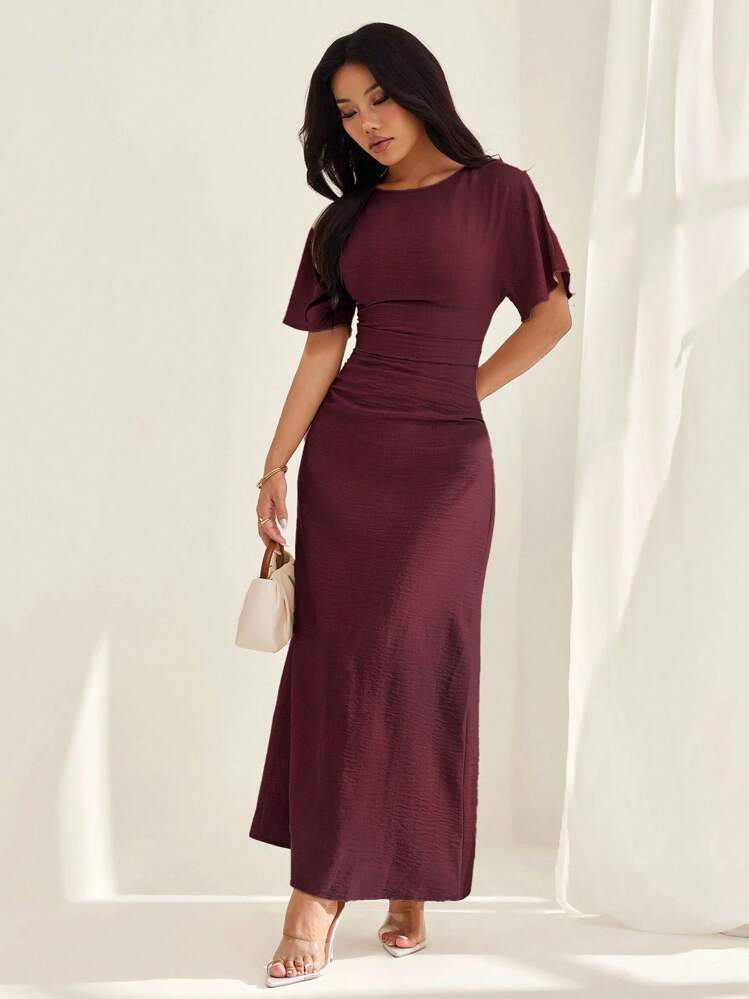 shein petite evening dresses SHEIN PETITE Elegant Red Long Dress With Flared Hem And Batwing Short  Sleeves,Fall Dresses For Women ,Petite Women