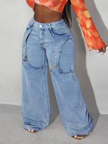 大码休闲日常纽扣细节斜口袋宽松阔腿牛仔裤 - 淺藍色 - 查看 4