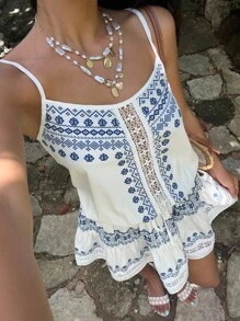 Lyxana Women's Casual Holiday Retro Print Patchwork Ruffle Strap Mini Dress, Summer - Multicolor - View 1