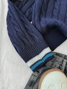 SHEIN 少女 V 领麻花针织长袖套头衫，撞色，学院风，休闲，基本款 - 寶藍色 - 查看 4