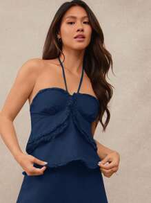 WESTFADE 100% 纯棉波西米亚风流苏毛边褶饰蝴蝶结后背荷叶边多层挂脖上衣休闲可爱返校服装，适合秋季、波西米亚风、秋冬、乡村音乐会、西部风女装 - 藍色 - 查看 4