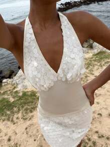 Opulessa Glänzendes Pailletten-Top für Damen, einfarbig, mit Pailletten-Spleißen, rückenfrei, Neckholder-Top, Herbstkleidung für Damen, Schulanfang, Y2k, Streetwear für Damen, bescheiden, Vintage, Lehrer-Outfits für Damen, Flughafen-Outfit für Damen