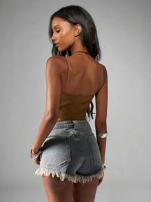 MISSGUIDED 绒面革系带紧身胸衣吊带上衣节日波西米亚风格西式紧身胸衣背心带索环细节无袖短款夏季俱乐部派对装 - 棕色 - 查看 2