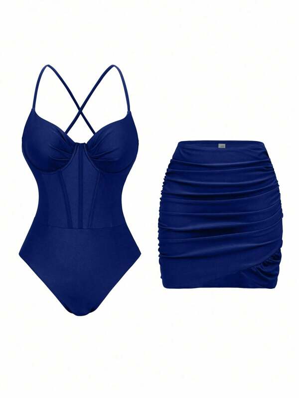 Swim Oasis Women's Premium Solid Color Spaghetti Strap Underwire Cross Back Fish Bone Skirt Beach Summer Outfit, 2 Pieces Set