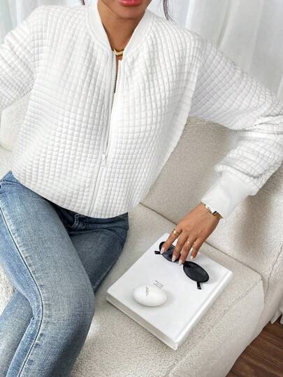 SHEIN Frenchy Women's Solid Color Long Sleeve Zip-Up Collar Casual Baseball Jacket In Fall/Winter White White Spring