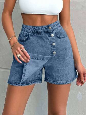 100%Cotton LIGHT WASH BUTTONS DETAIL SHORT SKIRT