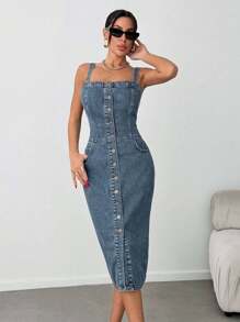 EURMUSE Slant Pocket Button Front Overall Denim Midi Dress - Light Wash - View 7