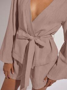 COSMINA Bộ 2 món áo sơ mi tay loe màu trơn đơn giản dành cho nữ công sở và quần short - Hồng - Xem 6