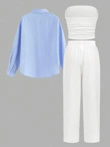 SHEIN Teen Girl Comfortable Simple Loose Contrast Elastic Waist Stripe Printed Wide-Leg Pants White Tube Top Blue Stripe Cropped Long Sleeve Shirt 3 Pieces Set - Blue and White - View 16