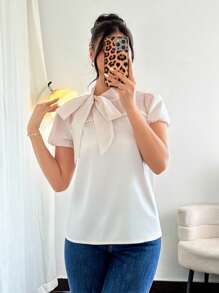 Islaluna Áo sơ mi nữ có nơ và trang trí ngọc trai, tay bồng, xuân/hè - Màu be - Xem 3