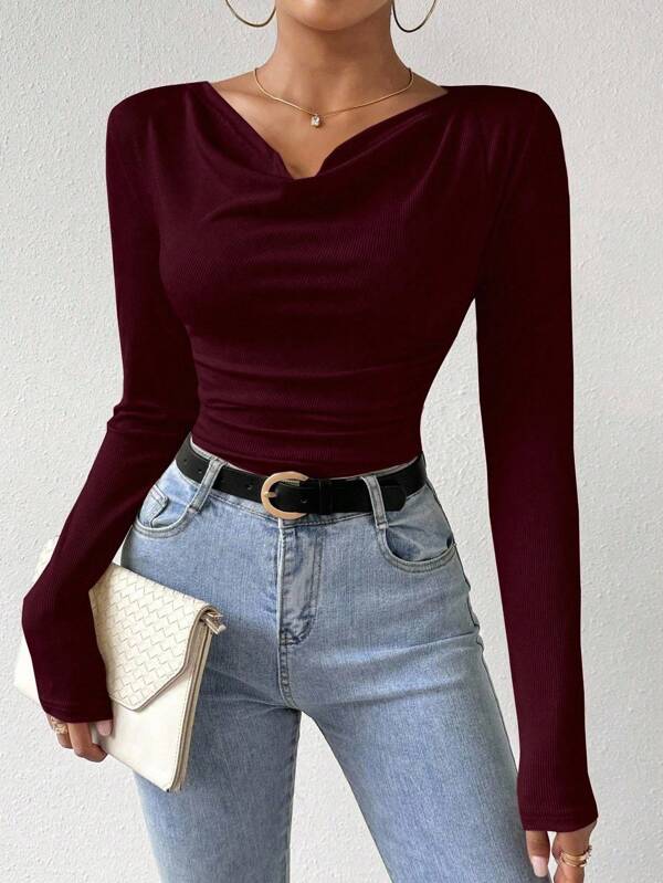 RosyDaze 女士纯色长袖休闲上衣，简约日常穿着