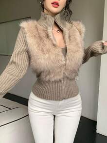DAZY Thick Knitted Faux Fur Patchwork High Collar Zip-Up Cardigan Jacket For Women, Autumn/Winter