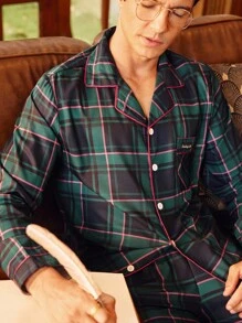 EverLounge Men Plaid Print Button Front Shirt & Pants PJ Set / Pajama Set, Fall Clothes - Army Green - View 3